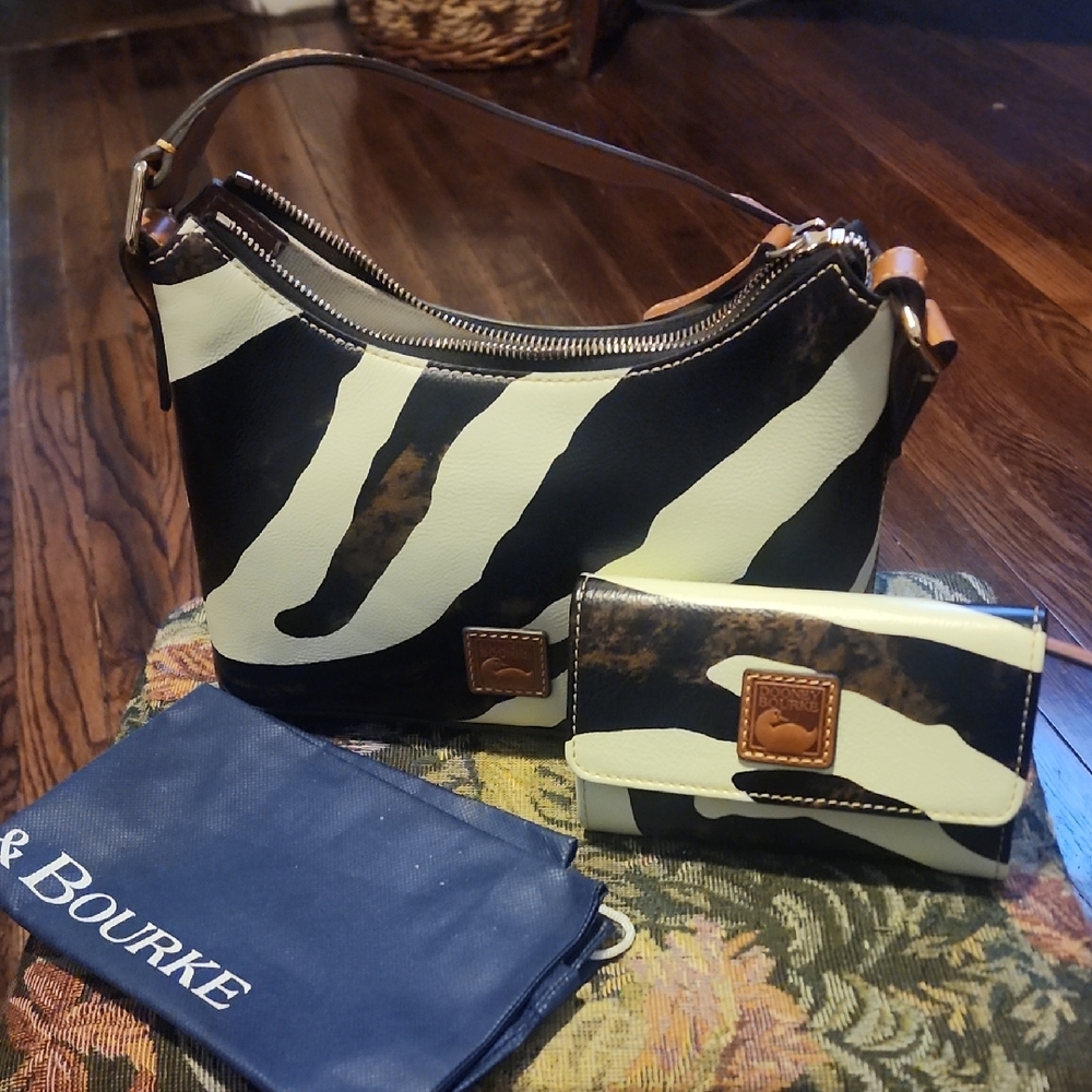 Dooney & Bourke Cream and Brown Shoulder Bag with Zebra Print/ matching wallet